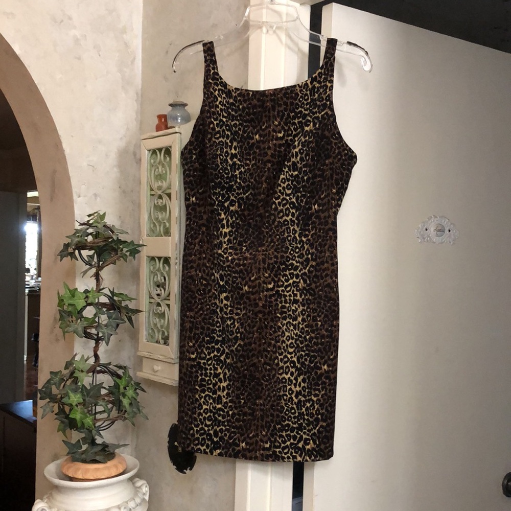 Vintage leopard velvet dress mini black brown zipper stretchy medium animalprint